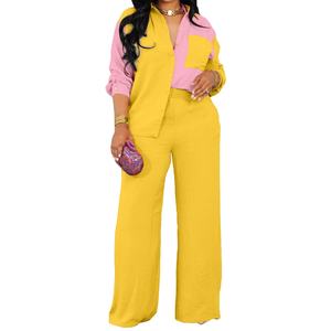 Women's Colorblocking Pocket Casual Shirt Blouse <b>Pants</b> 2 Piece Set Fashion - Product Image 3