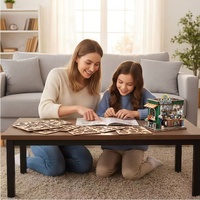 Model Puzzle 3D Kayu Street View, Mainan Edukatif DIY Perakitan Kedai Kopi Mini, Kit Rumah Kafe dengan Lampu LED