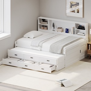 <b>White</b> Modern Wooden Storage <b>Double</b> <b>Bed</b> With Built-In Shelves And Drawers Multi-Functional Furniture For Children Adults Elderly - Product Image 1