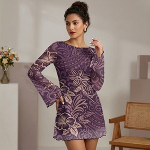 Elegante Abito Mini Aderente da Donna con Motivo Tribale Polinesiano <span class=keywords><strong>Viola</strong></span>, Morbido e Leggero, Sexy con Arricciature e Maniche Lunghe per Feste - Product Image 5
