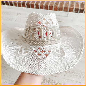 Đi dự tiệc mùa hè cô dâu rỗng Mrs ngọc trai cô dâu hàng đầu mũ tay dệt mũ rơm cao bồi Trắng Mũ Cowgirl tiệc độc thân - Product Image 5