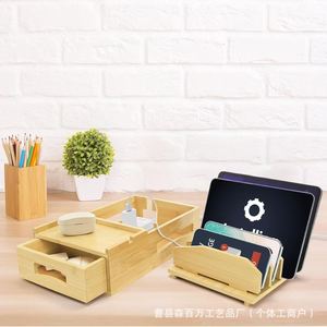 Bamboo Wood Cable Management Box Desktop Phone <b>Tablet</b> <b>Stand</b> Solid Wood Organizer Power Strip Storage Box - Product Image 3
