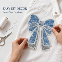 Applique en jean bleu à longue queue avec nœud, perles, perles de rocaille et paillettes, brodée à coudre, pour la décoration DIY de robes, vestes et sacs