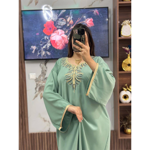 Exquisite Premium Seamless Crepe Embroidered Ethnic Loose Fit Long Sleeve V Neck <b>Kaftan</b> Dress Distinctive Sleeve Details - Product Image 4