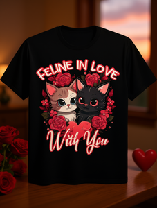 T-shirt Feline In Love With You con simpatico gatto e cuore per San Valentino, girocollo unisex, stampato, 100% cotone, primavera estate - Product Image 2