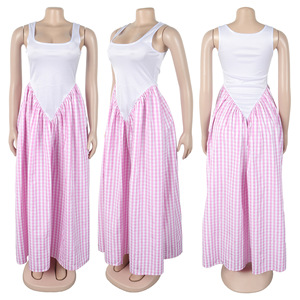 568 最新デザイン レディース服 ベンダー 夏 ストレッチ チェック柄 パッチワーク ノースリーブ タンクドレス プリーツドレス ロング丈 フロアドレス - Product Image 6