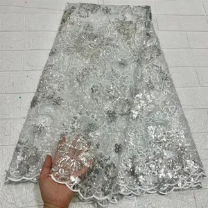 product White lace beaded fabric crystal sequin wedding african style 5 yards net lace organza