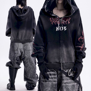 Sudadera con capucha personalizada de algodón transpirable con efecto lavado, cierre de cremallera bidireccional, diseño Y2K oversize, unisex, estampada y desgastada. - Product Image 5