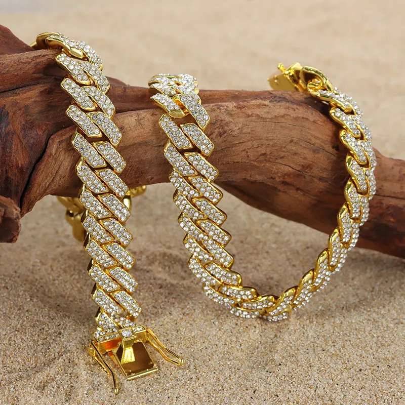 Premium Selling 12MM Gold-Plated Rhinestone Cuban Necklace Punk Hip Hop Jewelry Multi-Inch Spliced Chain Fashion Jewelry Rap