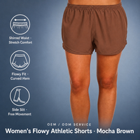 Shorts athlétiques pour femmes, marron moka, taille froncée, coupe fluide, ourlet incurvé, extensibles et confortables, fente latérale, OEM ODM Fen of Ox