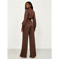 Ensemble pantalon deux pièces pour femme : haut à col en V et manches longues avec ceinture à nouer, pantalon taille haute à jambes larges – Tenue de bureau élégante