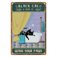 Plaque en métal vintage Black Cat & Co Savon de Bain – Décoration murale rétro pour salle de bain et toilettes – Amusante plaque en étain vintage avec chat – Lavez vos pattes