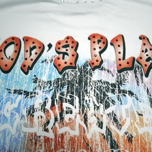 Streetwear di grandi dimensioni tessuto di spugna francese stampa digitale Vintage Crackle strass Design t-shirt bianche tagliate tagliate - Product Image 6