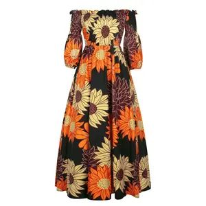 H & D 도매 아프리카 민족 꽃 인쇄 여성 드레스 섹시한 왁스 드레스 웨딩