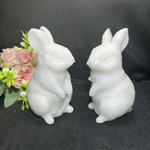 Kindfull White Jade Rabbits Reiki Healing Fengshui Animal Carvings Marble Jade Rabbit For Gift