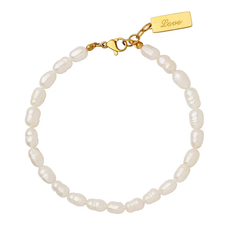 Dainty 18k Gold Plated Stainless Steel Lucky Charm Quality Fresh Water Pearl Jewelry Natural White Freshwater Pearl Bracelet