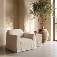 Fauteuil Wabi Sabi avec housse en lin, structure en chêne américain massif, fauteuil d'appoint individuel avec coussin en mousse haute densité