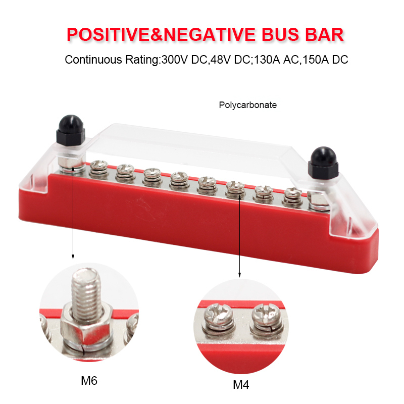 12V-48V Power Distribution Block Bus Bar - With Cover, M6 & M4 Terminals For Car, Boat, RV