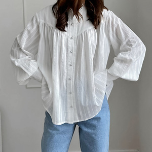 2025 Spring Summer Collection Pure Cotton French Shirt for Women Long Sleeve Simple <strong>Bubble</strong> Design <strong>Top</strong> for Europe - Product Image 1