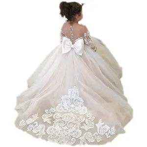 Vestido de princesa com cauda de tule e renda longa para meninas, popular, com apliques de casamento, vestidos de flores para meninas