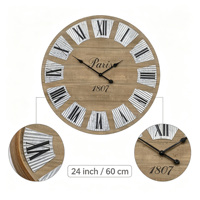 Jam Dinding Vintage Rustic 24 Inci Jam Dinding Retro Paris Angka Romawi Jam Dinding untuk Dekorasi Rumah