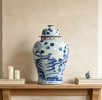 Vente en gros de pots à gingembre sous glaçure bleu et blanc, motif floral et oiseaux, style traditionnel chinois, avec couvercle, pour collection et décoration antique