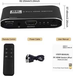 8K 60hz <strong>HDMI</strong> Switcher 3x1 3 <strong>Port</strong> 4K 120hz <strong>HDMI</strong> 2.1 Switch 3 in 1 Out Converter Adapter with IR Remote for <strong>PS5</strong> HDTV Xbox Roku - Product Image 6