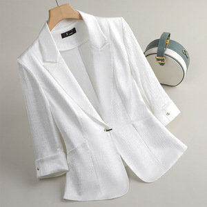 White Women's Blazer Three Quarter Sleeve Solid Color Breathable Polyester <b>Suit</b> Top - Product Image 1