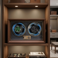 Boîte à remontoir de montres double de luxe, boîtier rotatif automatique pour montres, finition grain de noyer noir avec lumière LED bleue, moteur silencieux