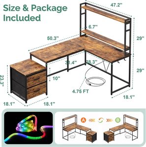 Bureau en forme de <span class=keywords><strong>L</strong></span> avec éclairage LED et prises électriques, bureau d'angle réversible avec tiroirs et support pour écran, bureau de jeu pour le té<span class=keywords><strong>l</strong></span>étravail - Product Image 2