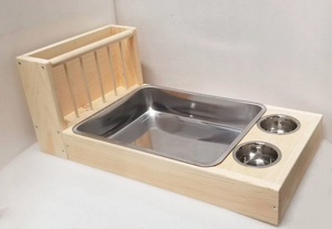 3 in 1 iki yönlü ahşap saman besleyici standı Bunny çiğnemek oyuncaklar tavşan Rattan çim paslanmaz çelik kum kabı tepsi ve gıda standı - Product Image 3