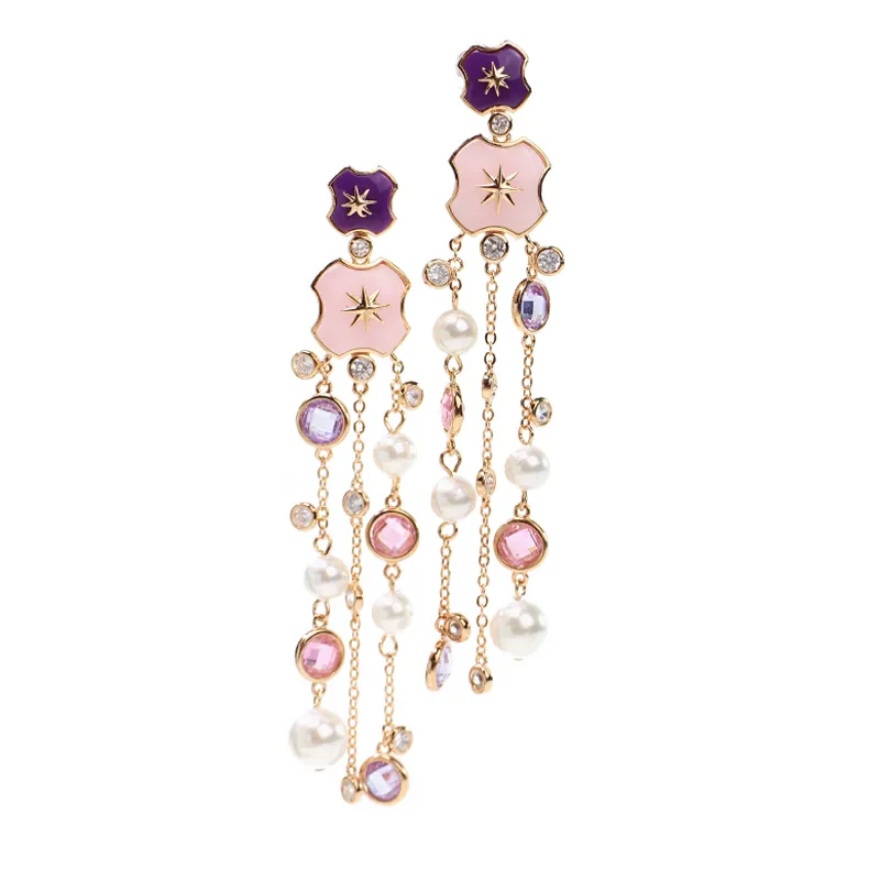Factory Price New Style Jewelry Square Flower Star Tassel Pearl Color Zircon Handmade Women's Long Earrings