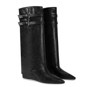 Big Size 45 Metal Buckles High Wedge Heels Pointed Toe Shoes Wide Fit Pants Long <b>Boots</b> Women's Overlay Knee High Booties - Product Image 6