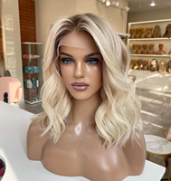 Perruque Bob Blond Platine Cheveux Humains, Perruque Courte Ondulée Sans Colle avec Dentelle HD pour Femmes
