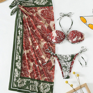 Traje de baño de tres piezas personalizado con estampado sexy de cintura alta para mujer, ropa de playa - Product Image 6