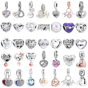 Authentic 100% 925 Sterling Silver Beads Jantung Ibu Surat Jelas CZ Charm Fit untuk Pan Charm Gelang DIY Perhiasan Hadiah Ibu