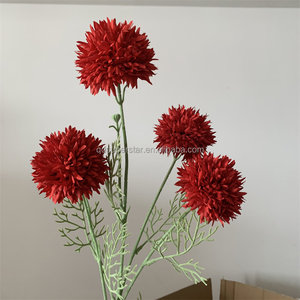 E-938 Décoration de mariage en gros, <span class=keywords><strong>fleur</strong></span> artificielle pissenlit à 4 têtes, <span class=keywords><strong>boule</strong></span> de chrysanthème en soie rouge - Product Image 3