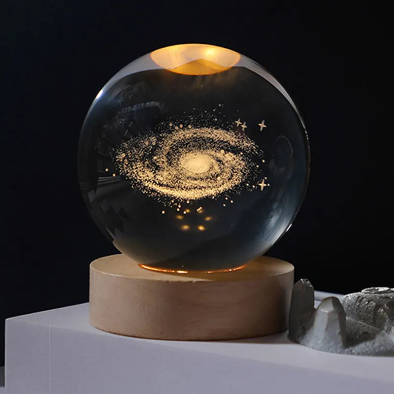 Lampe de nuit boule galactique en cristal d'art 3D Boule de cristal lumineuse Décoration Système solaire Veilleuses LED Décoration intérieure de bureau
