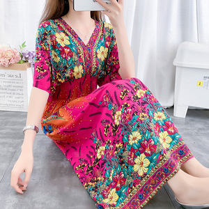Women Summer New Vintage Floral Print <strong>Dresses</strong> V-neck <strong>Elastic</strong> Waist Short Sleeve Vacation Style Fashion Long <strong>Dress</strong> - Product Image 5