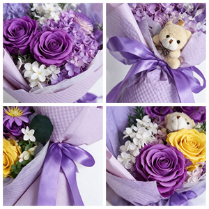 Bouquet di Rose Eterne <span class=keywords><strong>Viola</strong></span> con Orsacchiotto, Fiori Veri Essiccati per Decorazioni Casa, Regalo di San Valentino e Compleanno - Product Image 4