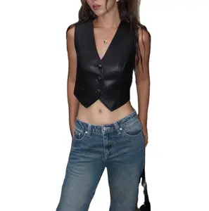 Hot Selling Stylish Leather Vest Women V Neck Short Black Genuine Leather Waistcoats Custom