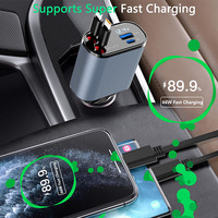 Chargeur de voiture rétractable 2 ports 100W avec 4 câbles rétractables 4-en-1, chargeur de voiture 20W de puissance de sortie