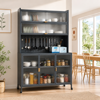 Meuble de rangement de cuisine en métal avec panneau perforé, étagères réglables, porte vitrée et meuble à roulettes