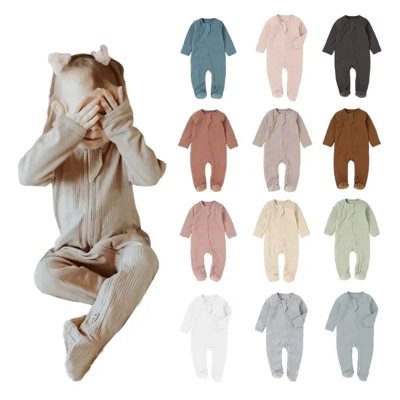 2024 bán buôn cotton hữu cơ bé Rompers dài tay áo chống trượt thiết kế bé Jumpsuit mùa thu đồ ngủ Footie Romper