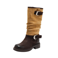 Bottes en cuir véritable pour femmes, à lacets et boucle, bicolores, confortables, souples, légères, au-dessus du genou