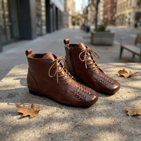 Bottines rétro en cuir véritable tressé effet vieilli, nouvelle collection automne 2026, bout carré, élégantes, à lacets, semelle plate, respirantes