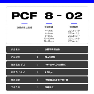 ซายุ 304 สแตนเลสสตีล ข้อต่อแบบเชื่อมต่อเร็ว PCF8-02 เกลียวใน ข้อต่อท่อลมแบบตรง - Product Image 5