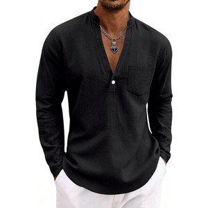 Camisa Casual de Lino para Hombre, Cuello en V, Holgada, con Cuentas, Botón Único, Transpirable, Sin Planchado, Tallas Grandes, Primavera/Otoño - Product Image 3