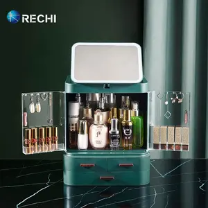 RECHI Dust-Proof Cosmetics Lipstick Organizer Box Makeup Skincare Perfume Storage Bin For Jewelry With Led Mirror & Drawers