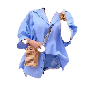 Nueva Camisa de Poliéster 100% Transpirable con Rayas, Espalda Ahuecada, Abertura Lateral, Cordones Ajustables, Manga Media, Holgada, Estilo Preppy, Sin Tejido - Product Image 4